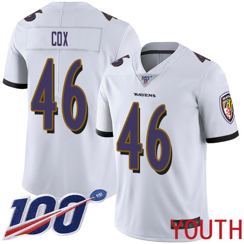 Baltimore Ravens Limited White Youth Morgan Cox Road Jersey NFL Football #46 100th Season Vapor Untouchable